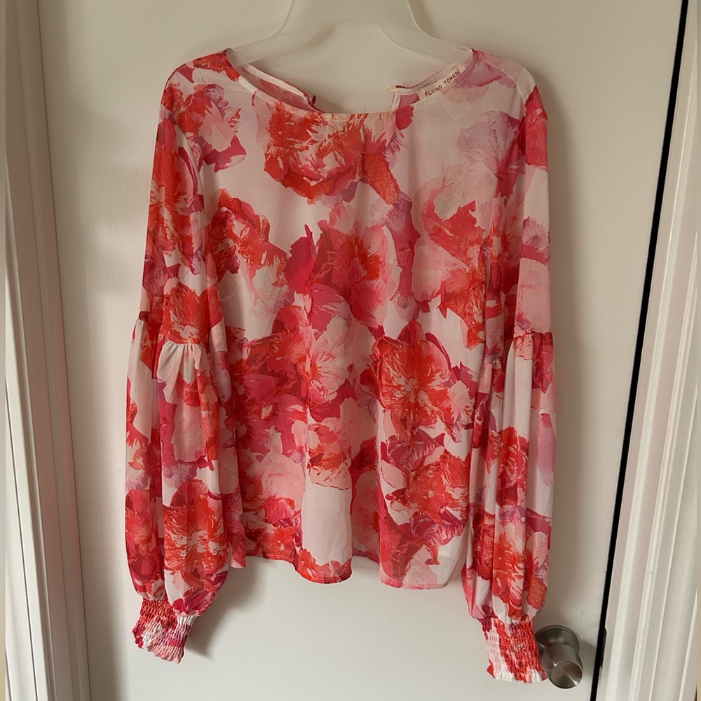 Flying Tomato -Floral Pink and Red Women's sheer Top- large